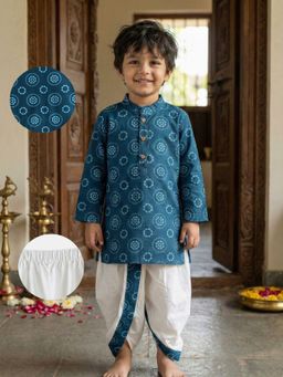 Desi Soota - Boys Navy Blue Cotton Ethnic Motif Kurta With Dhoti