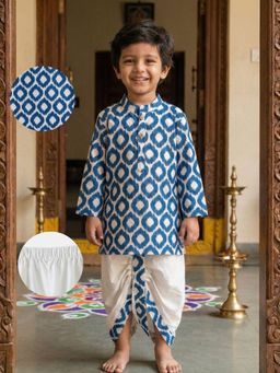 Desi Soota - Boys Blue Cotton Ikat Kurta With Dhoti