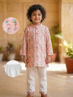 Desi Soota - Boys Peach Cotton Floral Kurta With Pyjama