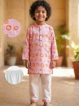 Desi Soota - Boys Pink Cotton Animal Print Kurta With Pyjama