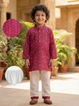 Desi Soota - Boys Magenta Cotton Ethnic Print Kurta With Pyjama
