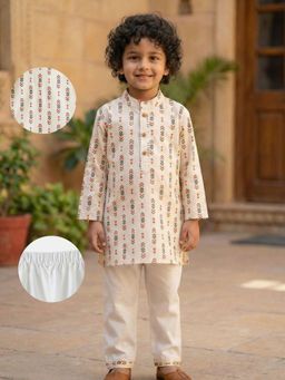 Desi Soota - Boys Cream Cotton Ethnic Print Kurta With Pyjama
