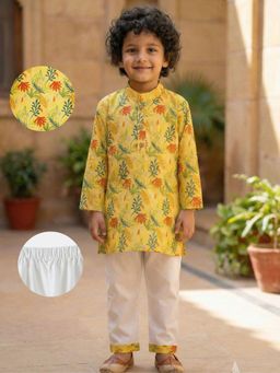 Desi Soota - Boys Yellow Cotton Floral Kurta With Pyjama