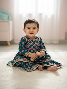 Baby Moo - Cotton Woven Full Sleeves Floral Printed Kurti with Sharara - Green