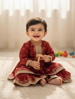 Baby Moo - Cotton Woven Full Sleeves Floral Printed Kurti with Sharara - Red