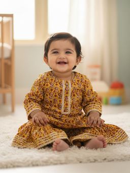 Baby Moo - Cotton Woven Three Fourth Sleeves Sunflower Kurti Sharara - Mustard