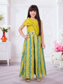 Tiny Kingdom - Georgette Woven Floral Applique Detailed Top and Palazzo - Mustard