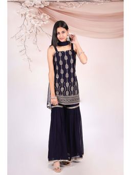 Titrit - Embroidered Georgette Kurti with Sharara and Dupatta-Blue