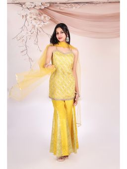 Titrit - Embroidered Georgette Kurti with Sharara and Dupatta-Yellow