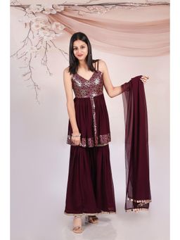 Titrit - Embroidered Georgette Peplum Kurti with Sharara and Dupatta-Burgundy
