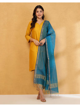 Fabindia - Teal Cotton Silk Blend Chanderi Dupatta