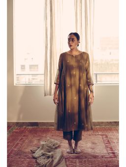 Sarang Kaur - Olive Phool Anarkali Kurta with Pant (Set of 2)