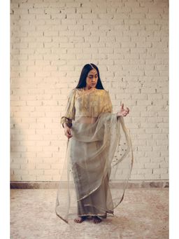 Sarang Kaur - Grey Noor Saree with Unstitched Blouse with Unstitched
