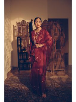 Sarang Kaur - Maroon Phool Saree with Unstitched Blouse with Unstitched