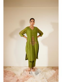 Sarang Kaur - Green Dhuleti Kurta with Pant (Set of 2)