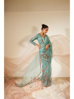 Sarang Kaur - Blue Vrinda Saree with Unstitched Blouse with Unstitched