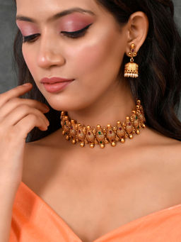 Shoshaa - Gold-Plated Red & Green Stone-Studded Beaded Jewellery