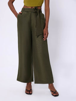 Cover Story - Olive Wide Leg Trouser with Self Fabric Belt (Set of 2)