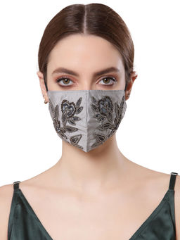 Anekaant - 3 Ply Grey & Black Faux Silk Foliage Embellished Fabric Fashion Mask