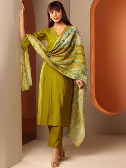 Libas - Green Woven Kurta with Pant and Dupatta (3XL)