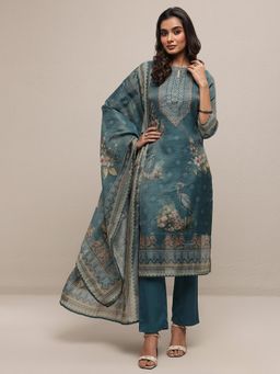 Libas - Teal Floral Kurta with Pant and Dupatta
