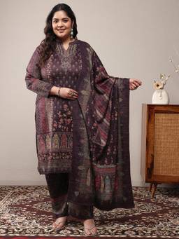 Libas - Wine Floral Kurta with Pant and Dupatta