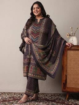 Libas - Wine Floral Kurta with Pant and Dupatta