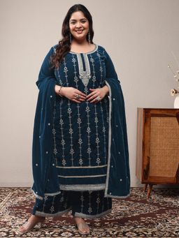 Extra love by Libas - Navy Blue Embroidered Kurta with Palazzo and Dupatta