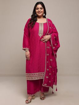Extra love by Libas - Pink Embroidered Kurta with Palazzo and Dupatta