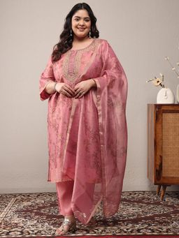 Extra love by Libas - Peach Floral Kurta with Pant and Dupatta