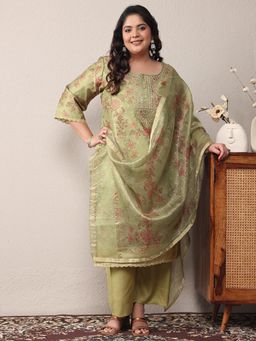Extra love by Libas - Green Floral Kurta with Pant and Dupatta