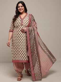 Extra love by Libas - Beige Floral Kurta with Salwar and Dupatta