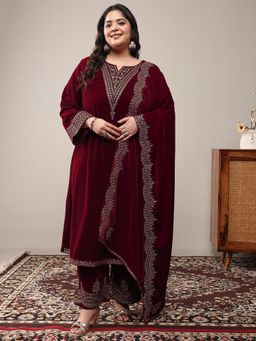 Extra love by Libas - Red Embroidered Kurta with Pant and Dupatta