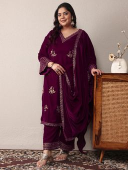 Extra love by Libas - Purple Embroidered Kurta with Palazzo and Dupatta