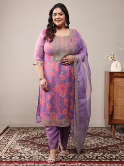 Extra love by Libas - Lavender Floral Kurta with Pant and Dupatta
