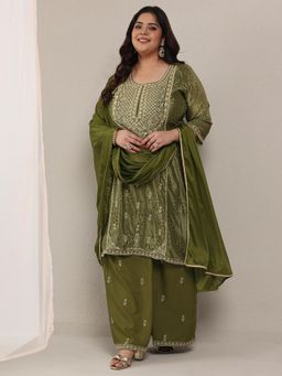 Extra love by Libas - Olive Printed Kurta with Palazzo and Dupatta