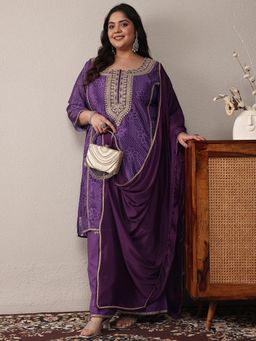 Extra love by Libas - Purple Printed Kurta with Palazzo and Dupatta