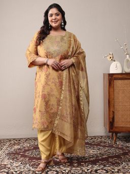 Extra love by Libas - Mustard Floral Kurta with Palazzo and Dupatta