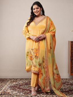 Extra love by Libas - Yellow Floral Kurta with Pant and Dupatta