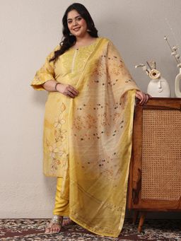 Extra love by Libas - Plus Size Women Yellow Floral Kurta with Pant and Dupatta