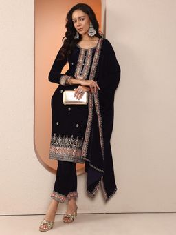 Libas Art - Navy Blue Floral Kurta with Pant and Dupatta