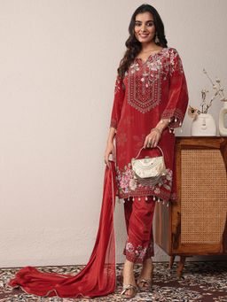 Libas - Maroon Floral Kurta with Pant and Dupatta
