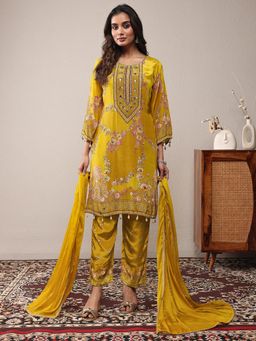 Libas Art - Mustard Floral Kurta with Pant and Dupatta