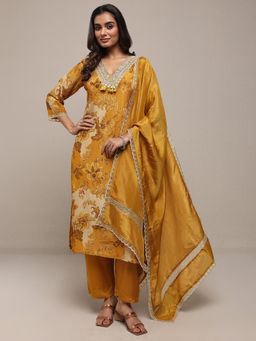 Libas Art - Mustard Floral Kurta with Pant and Dupatta