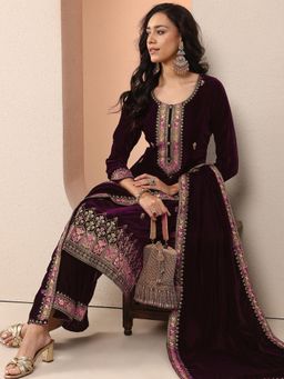 Libas Art - Wine Floral Kurta with Pant and Dupatta