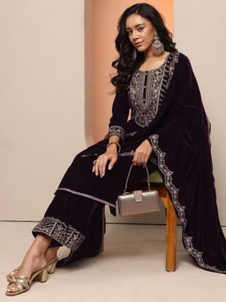 Libas Art - Purple Embroidered Kurta with Pant and Dupatta
