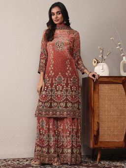 Libas Art - Rust Printed Kurta with Palazzo and Dupatta