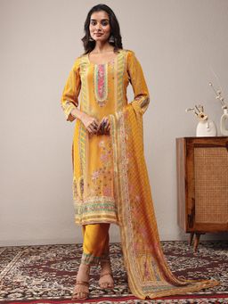 Libas - Mustard Floral Kurta with Pant and Dupatta