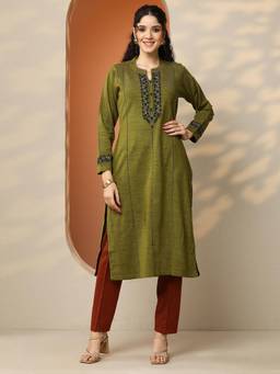 Libas - Olive Embroidered Kurta