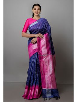 Unnati Silks - Navy Blue Dupion Silk Saree with Unstitched Blouse